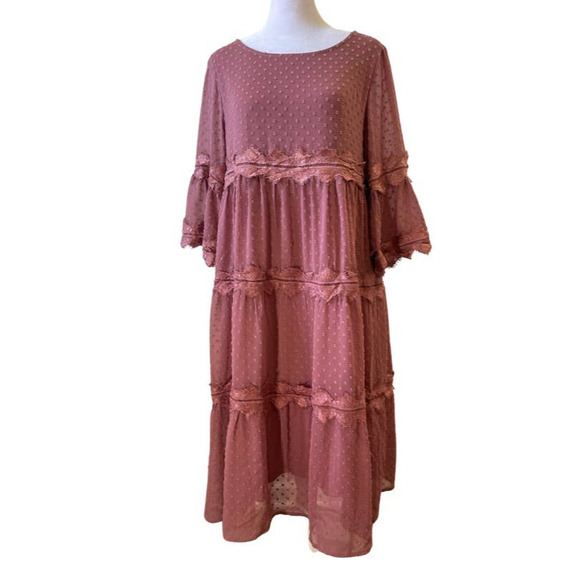 orange creek Dresses & Skirts - NEW Orange Creek Bohemian Pink Mauve Lace Midi Swing Bell Sleeve Dress Medium